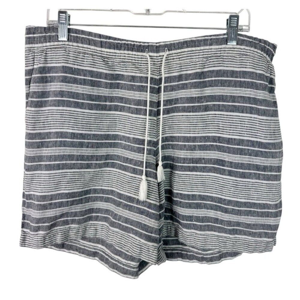J. Jill Love Linen Women's L Petite 100% Linen Shorts Gray Tassle Tie Stripe EUC